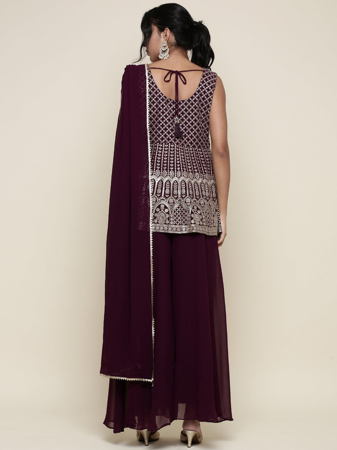 Neerus Maroon georgette embroidered suit set - side view