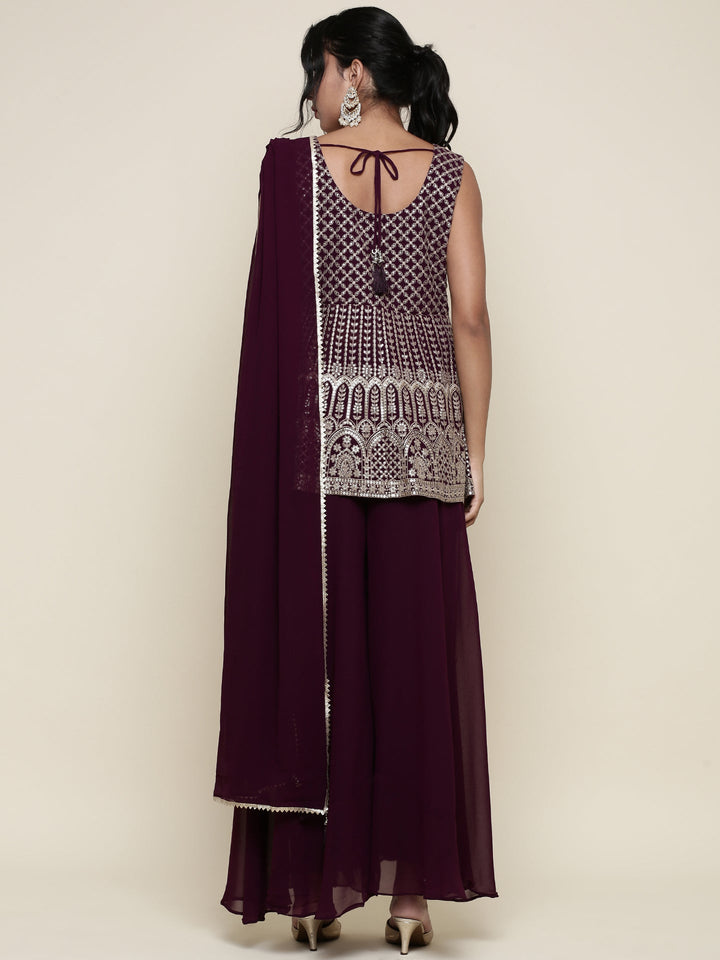 Wine georgette embroidered peplum and palazzo three piece set