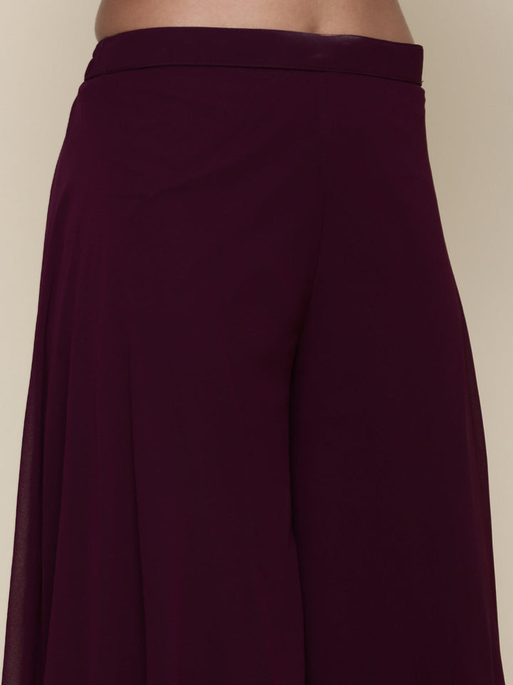 Wine georgette embroidered peplum and palazzo three piece set