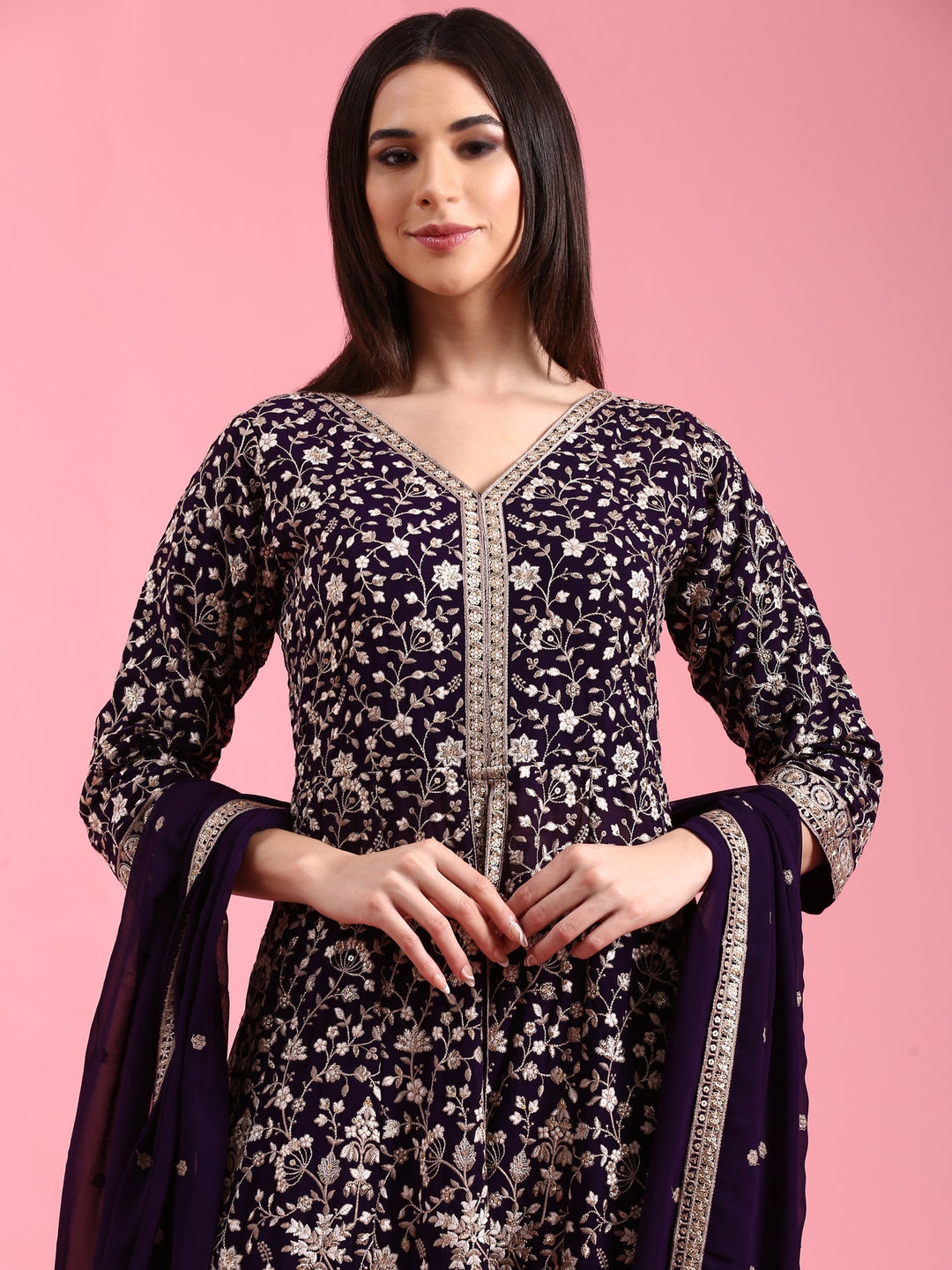 Neerus Purple Georgette Embroidered Suit Set - detail view 2