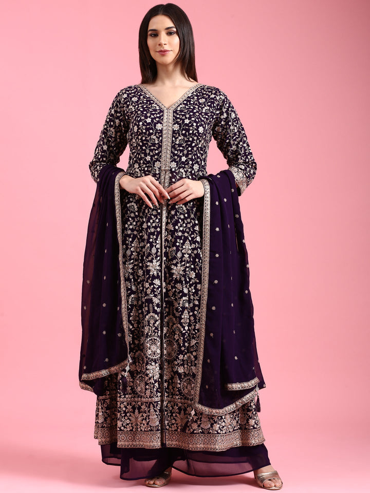 Purple Georgette Embroidered Kali With Palazzo