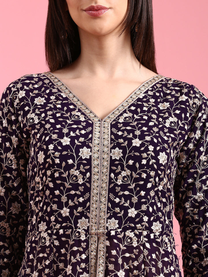 Purple Georgette Embroidered Kali With Palazzo