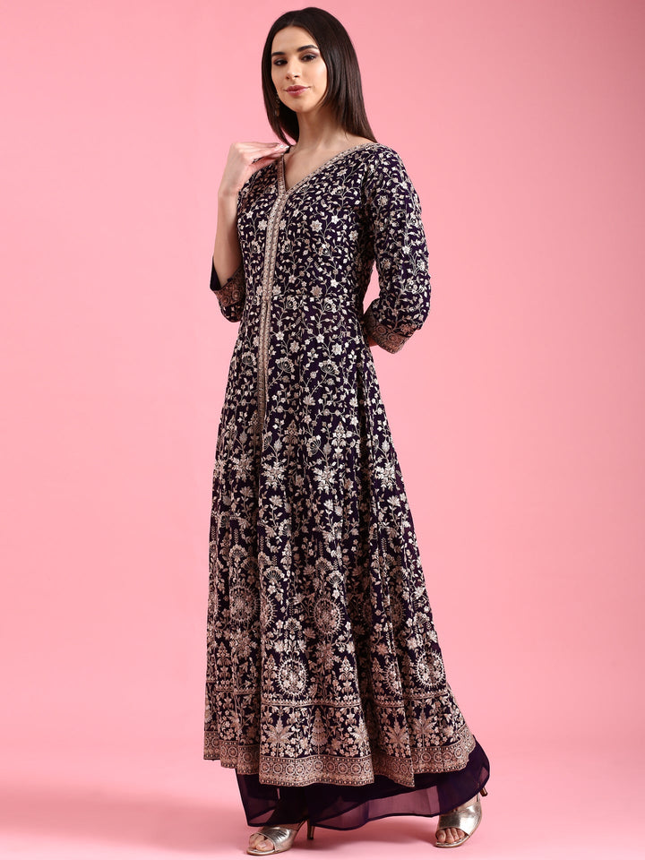 Purple Georgette Embroidered Kali With Palazzo