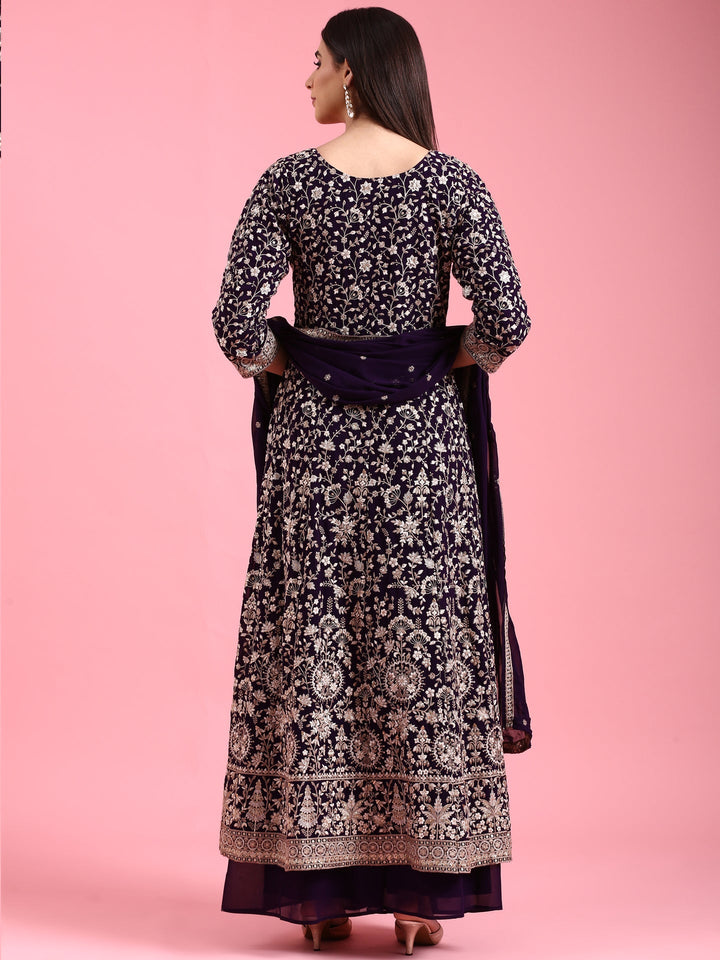 Purple Georgette Embroidered Kali With Palazzo