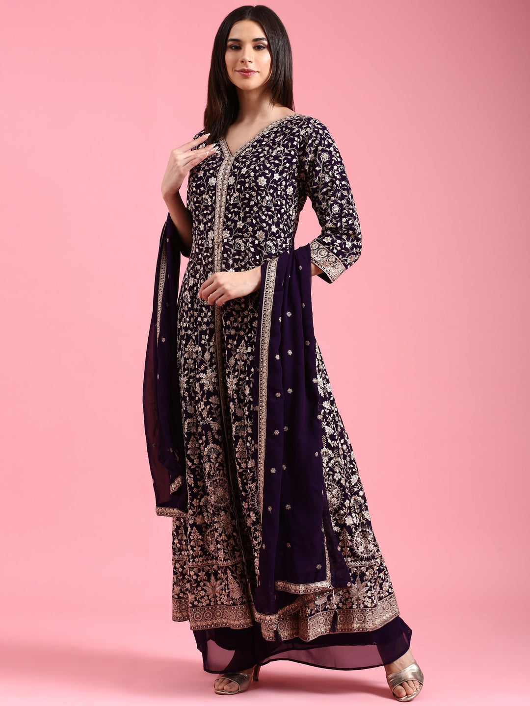 Neerus Purple Georgette Embroidered Suit Set - front view
