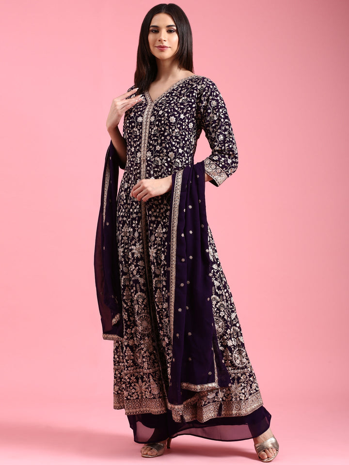 Neerus Purple Georgette Embroidered Suit Set - front view