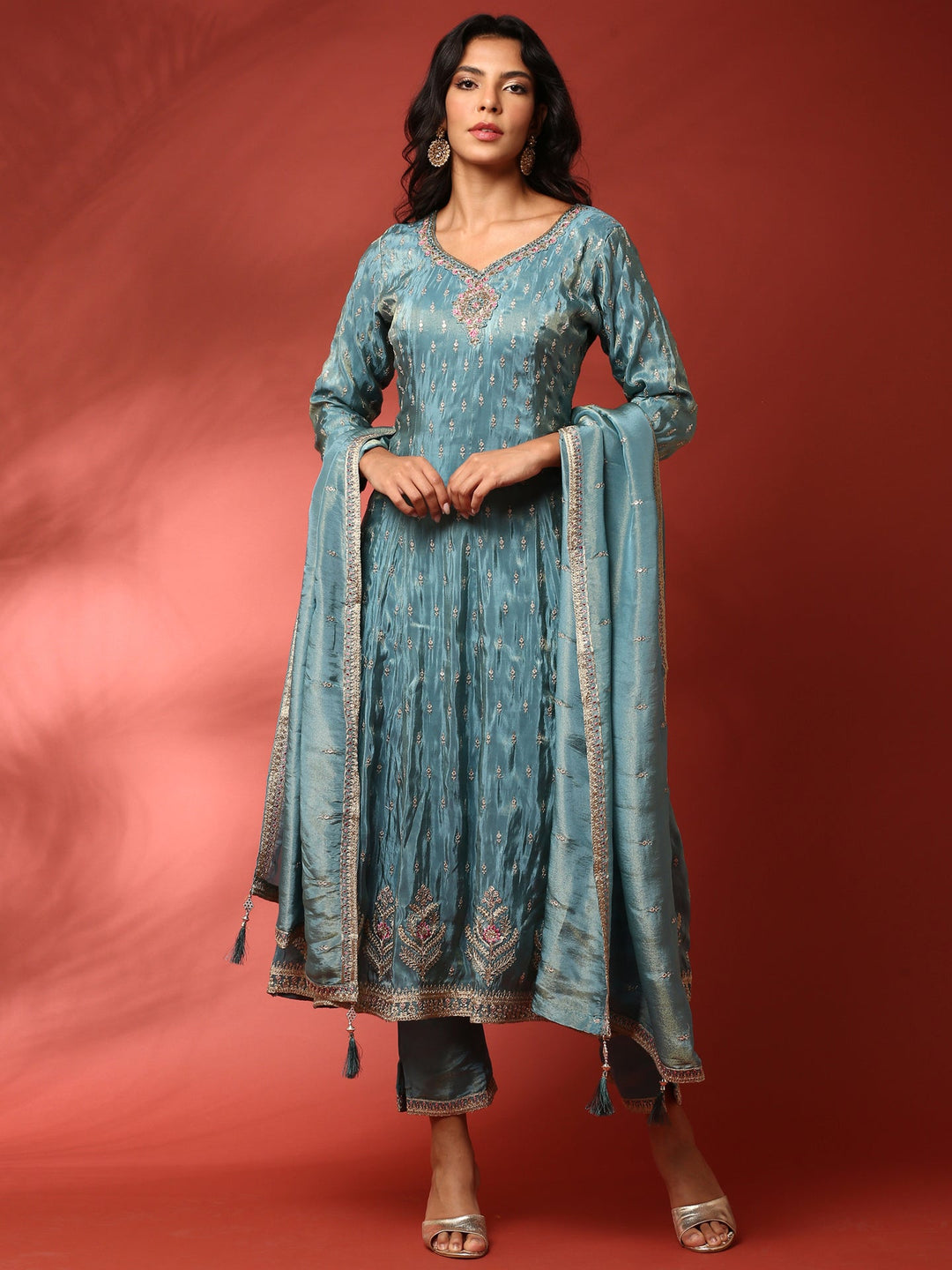 Neerus Green tissue hand embroidered anarkali suit set - back view