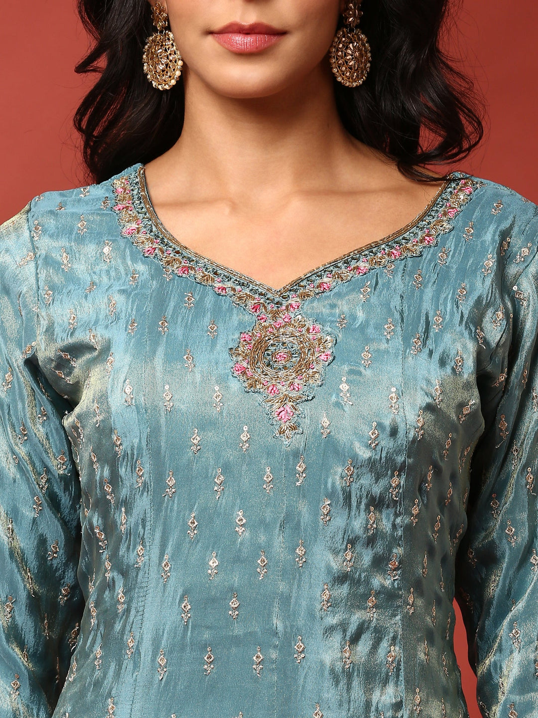 Neerus Green tissue hand embroidered anarkali suit set - detail view 2