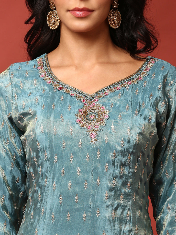 Neerus Green tissue hand embroidered anarkali suit set - detail view 2