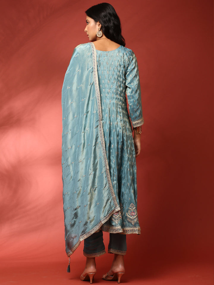 Neerus Green tissue hand embroidered anarkali suit set - detail view 1