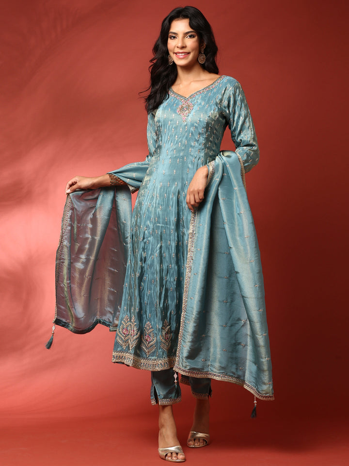 Neerus Green tissue hand embroidered anarkali suit set - front view