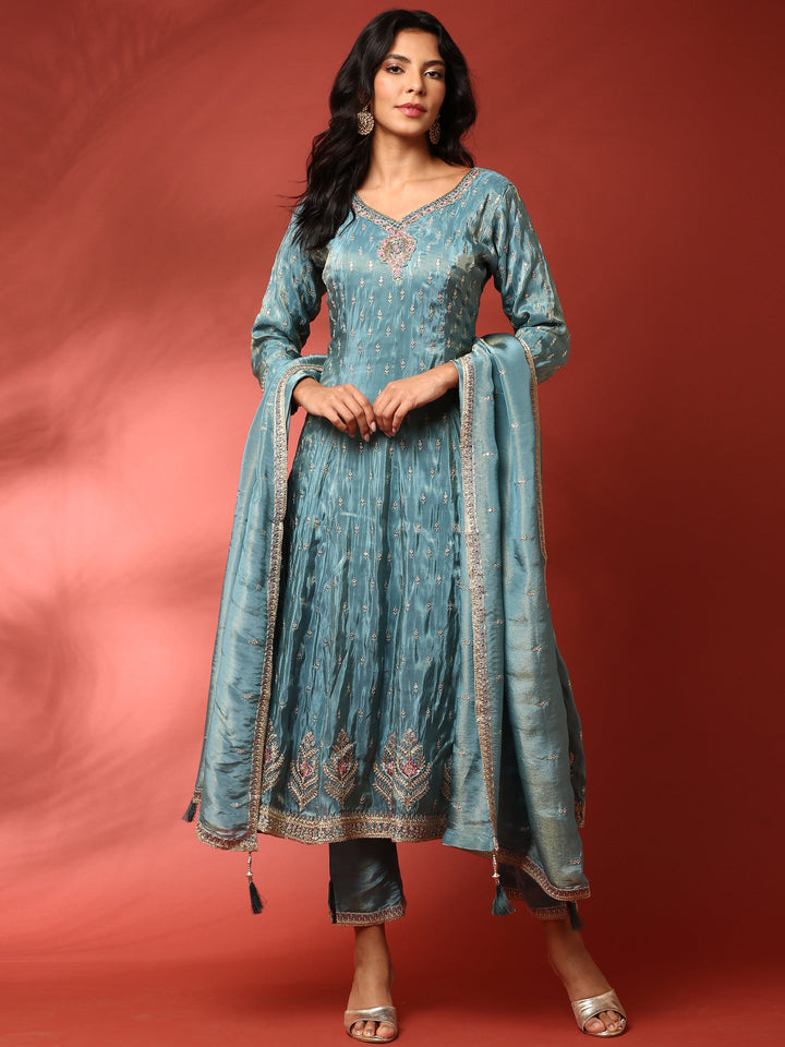 Neerus Green tissue hand embroidered anarkali suit set - detail view 3