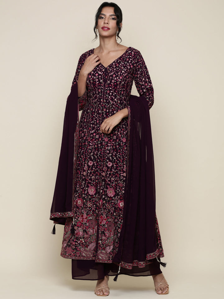 Wine georgette embroidered front silt anarkali three piece set
