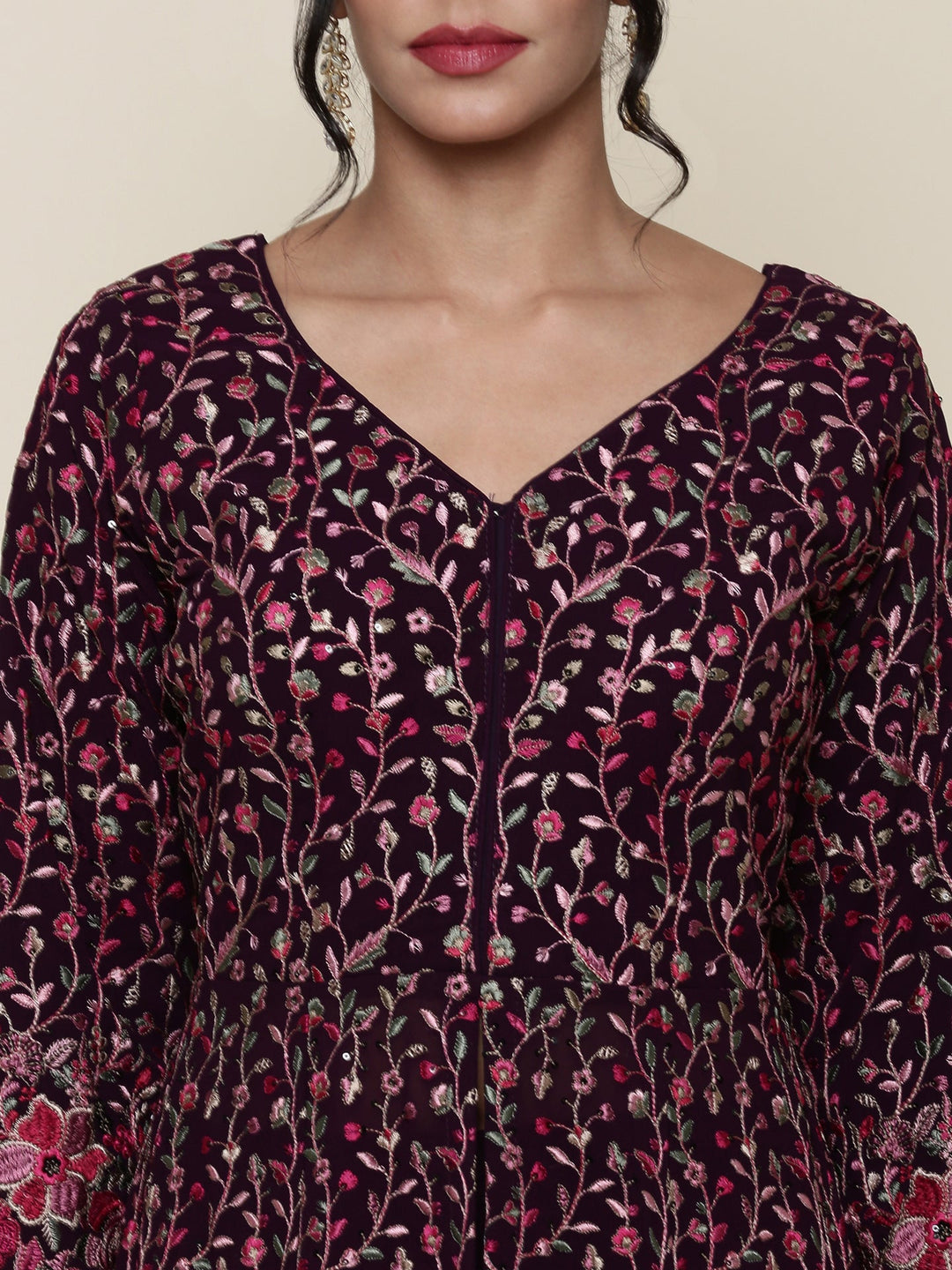 Neerus Maroon georgette embroidered anarkali suit set - detail view 2