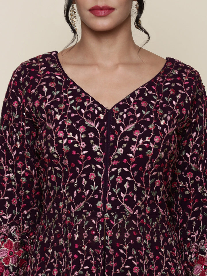 Neerus Maroon georgette embroidered anarkali suit set - detail view 2