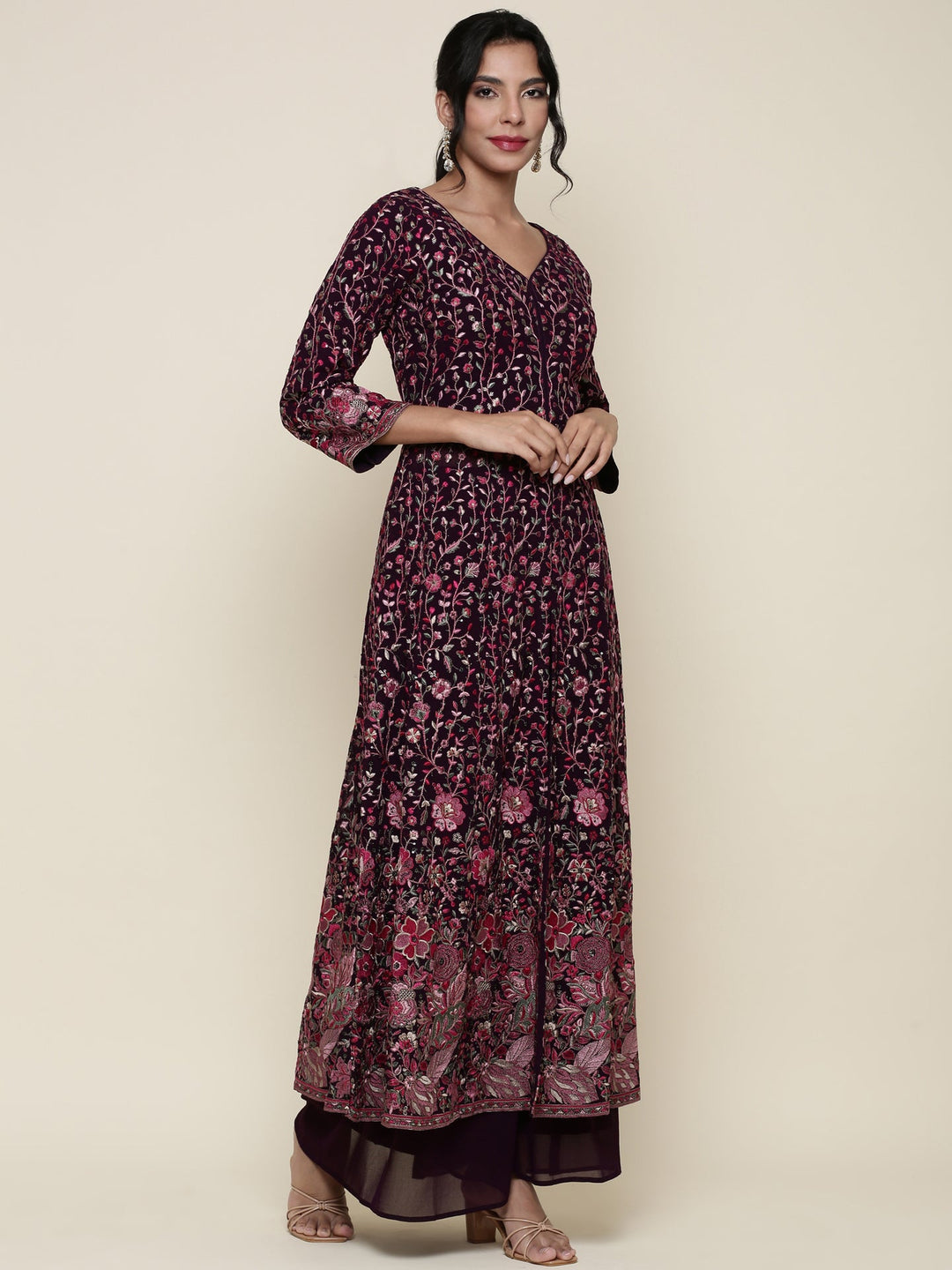 Neerus Maroon georgette embroidered anarkali suit set - side view