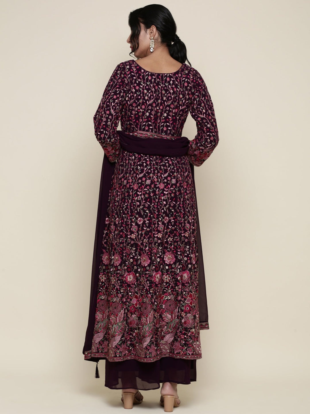 Neerus Maroon georgette embroidered anarkali suit set - detail view 1