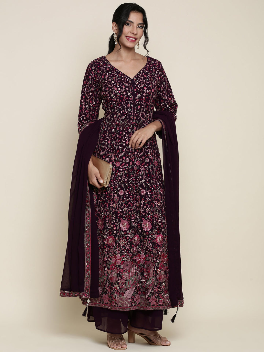 Neerus Maroon georgette embroidered anarkali suit set - front view