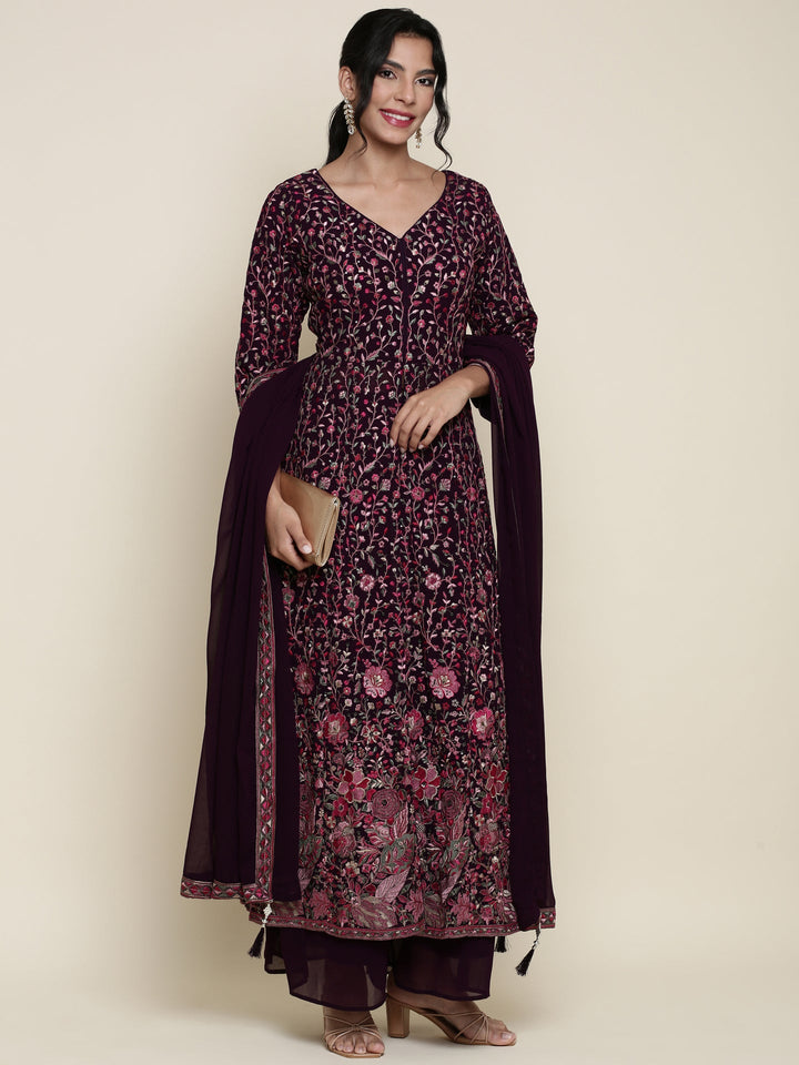 Neerus Maroon georgette embroidered anarkali suit set - front view