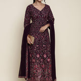 Wine georgette embroidered front silt anarkali three piece set