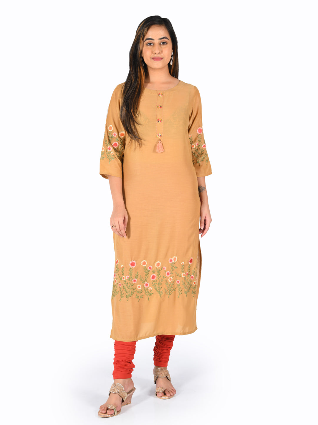 Neerus Orange rayon embroidered straight kurta - detail view 2