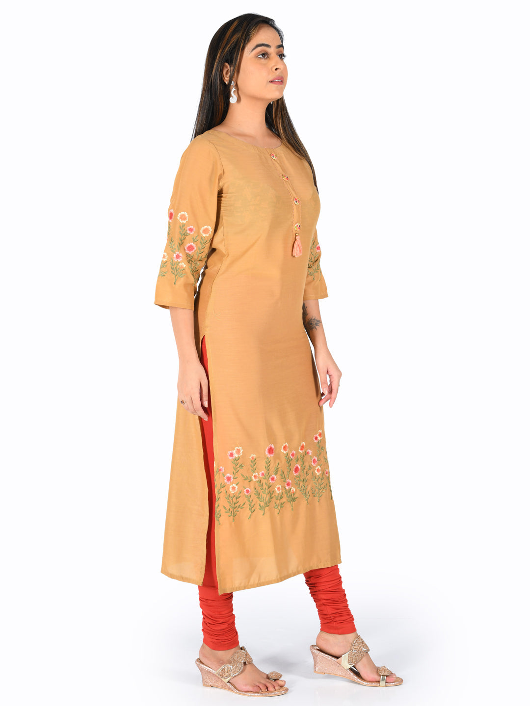 Neerus Orange rayon embroidered straight kurta - front view