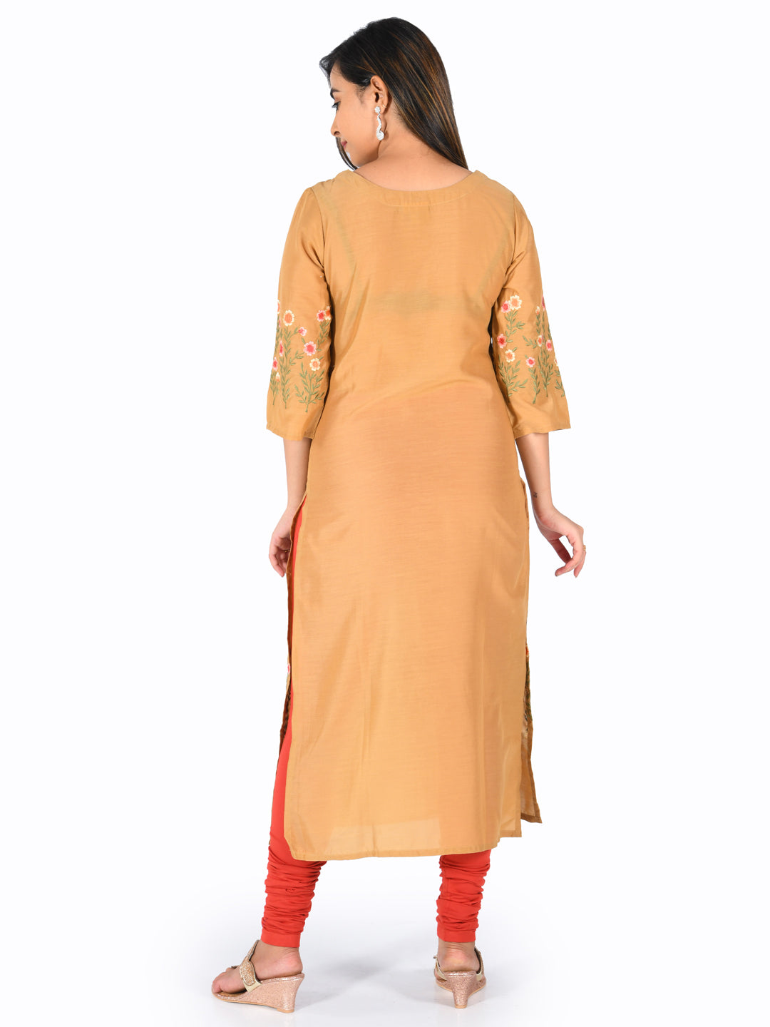 Neerus Orange rayon embroidered straight kurta - side view
