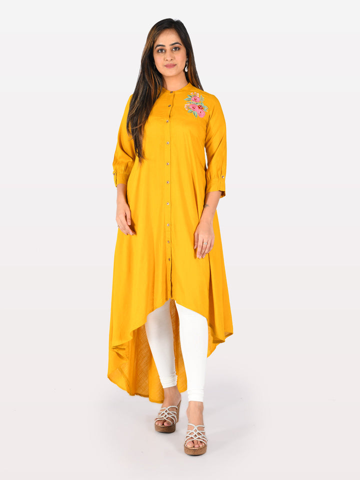 Neerus Yellow viscose rayon embroidered high-low kurta - detail view 2