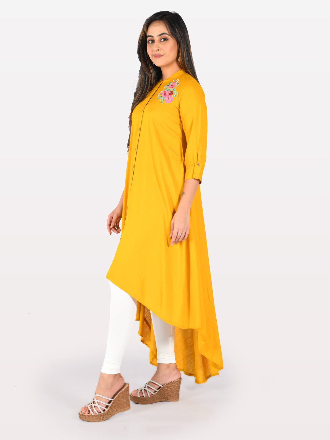 Neerus Yellow viscose rayon embroidered high-low kurta - front view