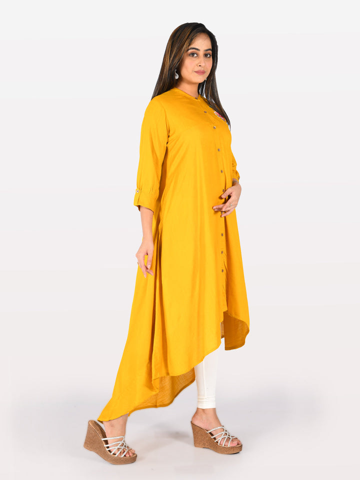 Neerus Yellow viscose rayon embroidered high-low kurta - back view