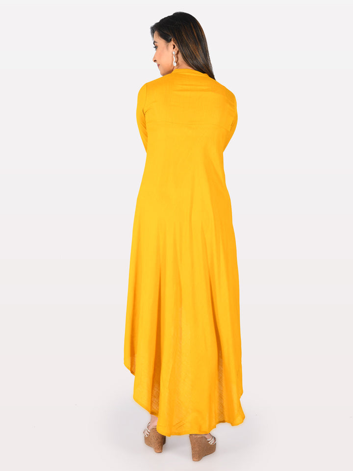 Neerus Yellow viscose rayon embroidered high-low kurta - side view
