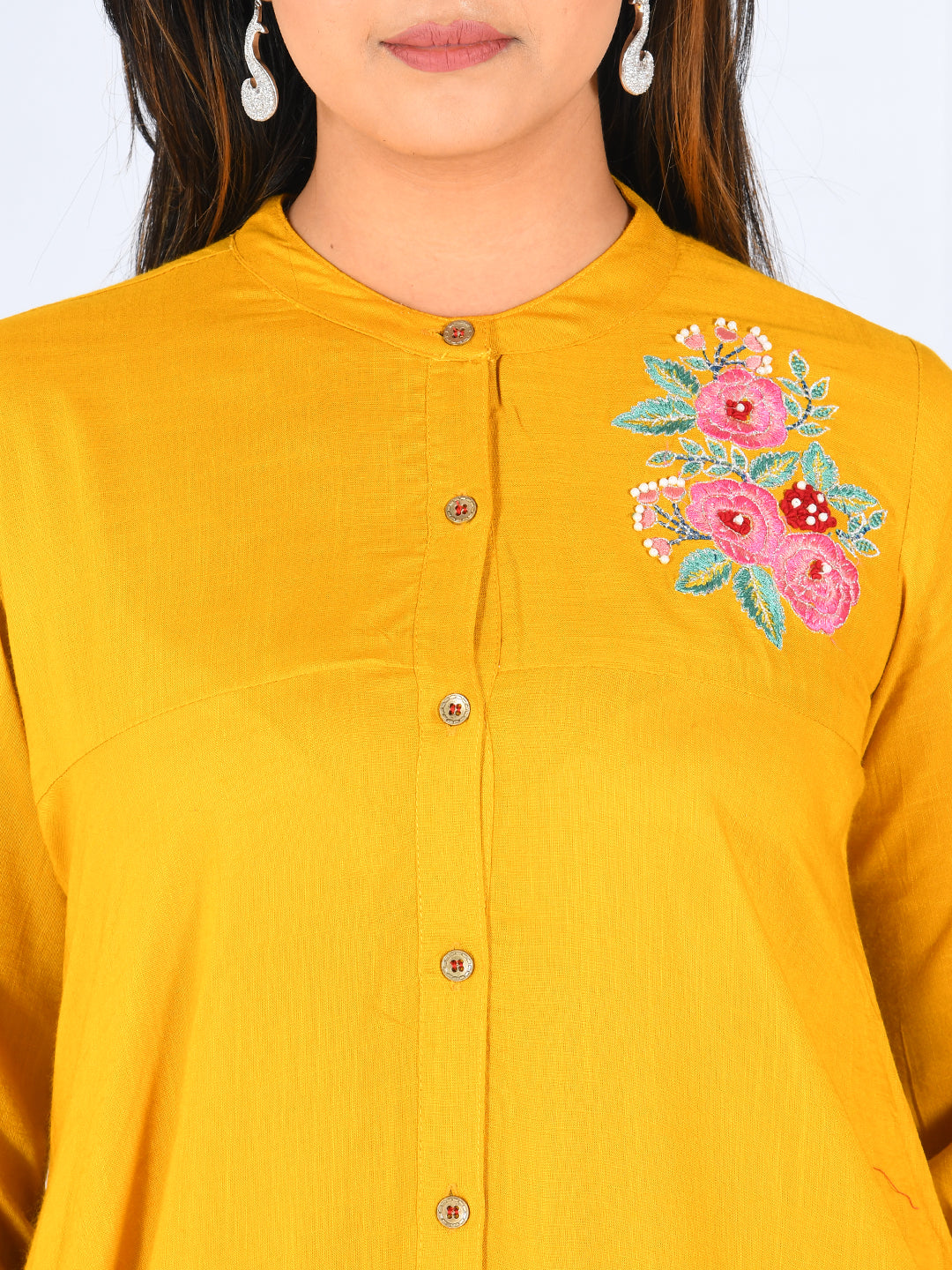 Neerus Yellow viscose rayon embroidered high-low kurta - detail view 1