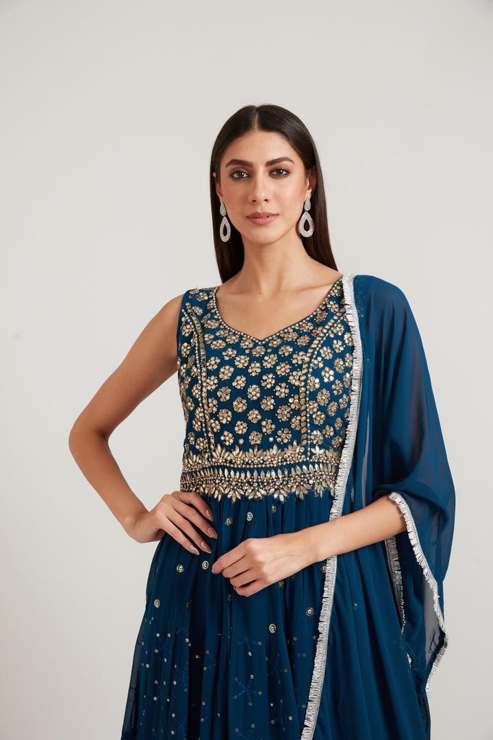 Neerus Blue Georgette Embroidered Anarkali Kurta Set - back view