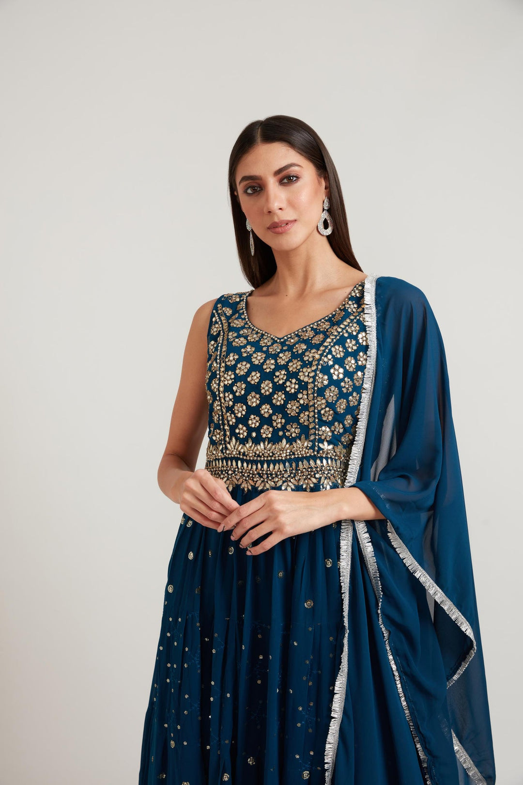 Neerus Blue Georgette Embroidered Anarkali Kurta Set - side view
