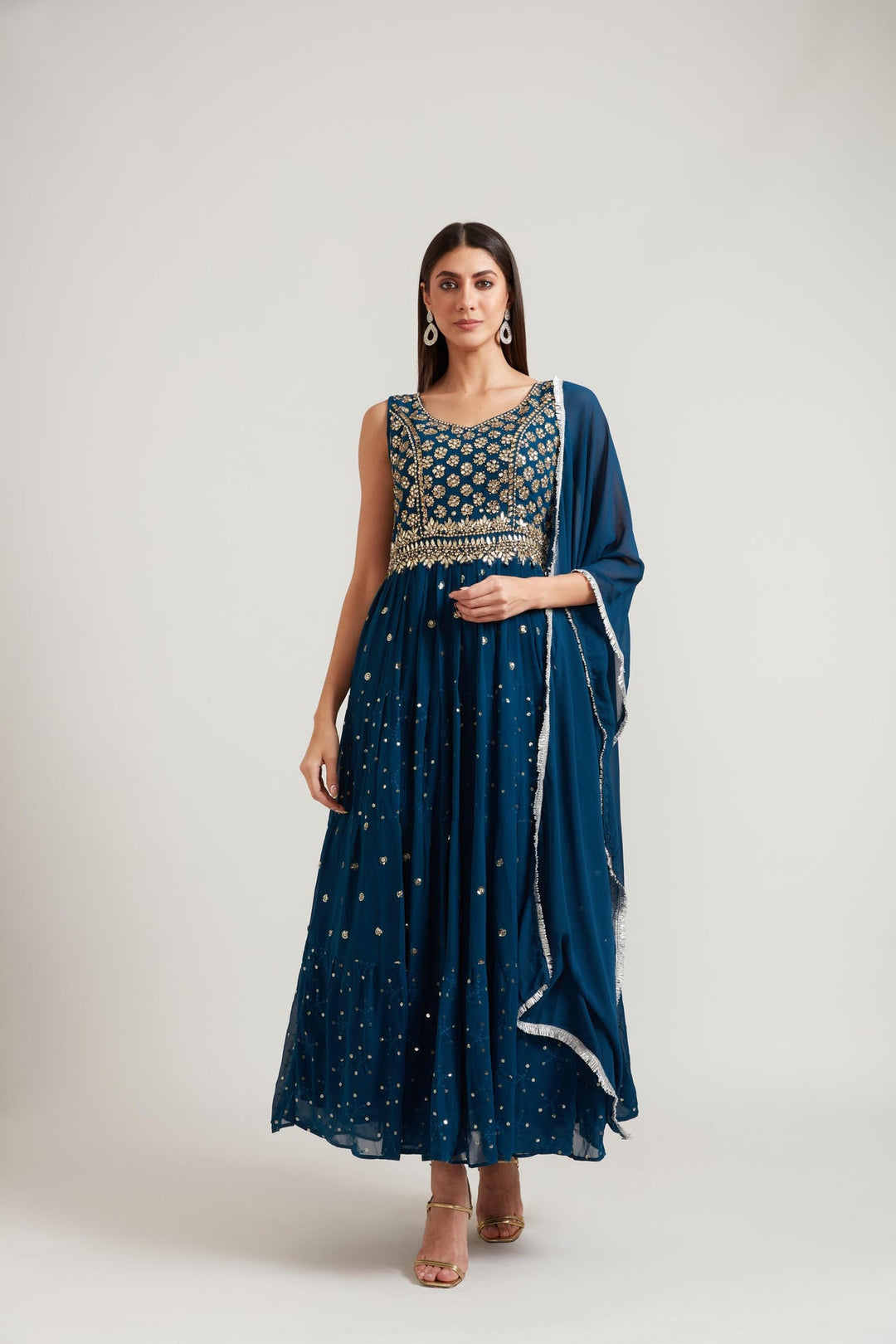 Neerus Blue Georgette Embroidered Anarkali Kurta Set - front view