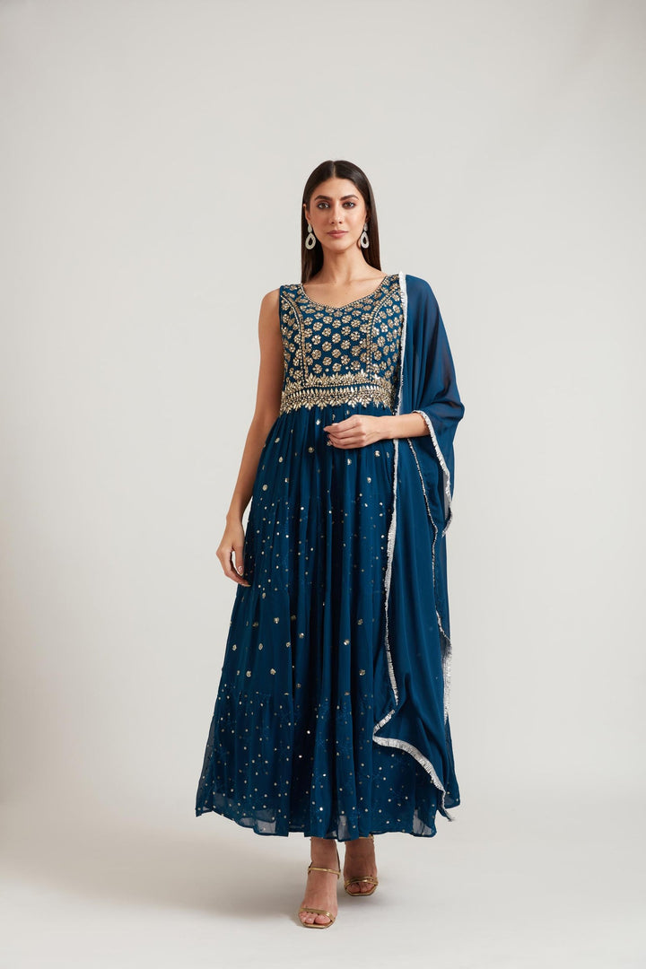 Neerus Blue Georgette Embroidered Anarkali Kurta Set - front view