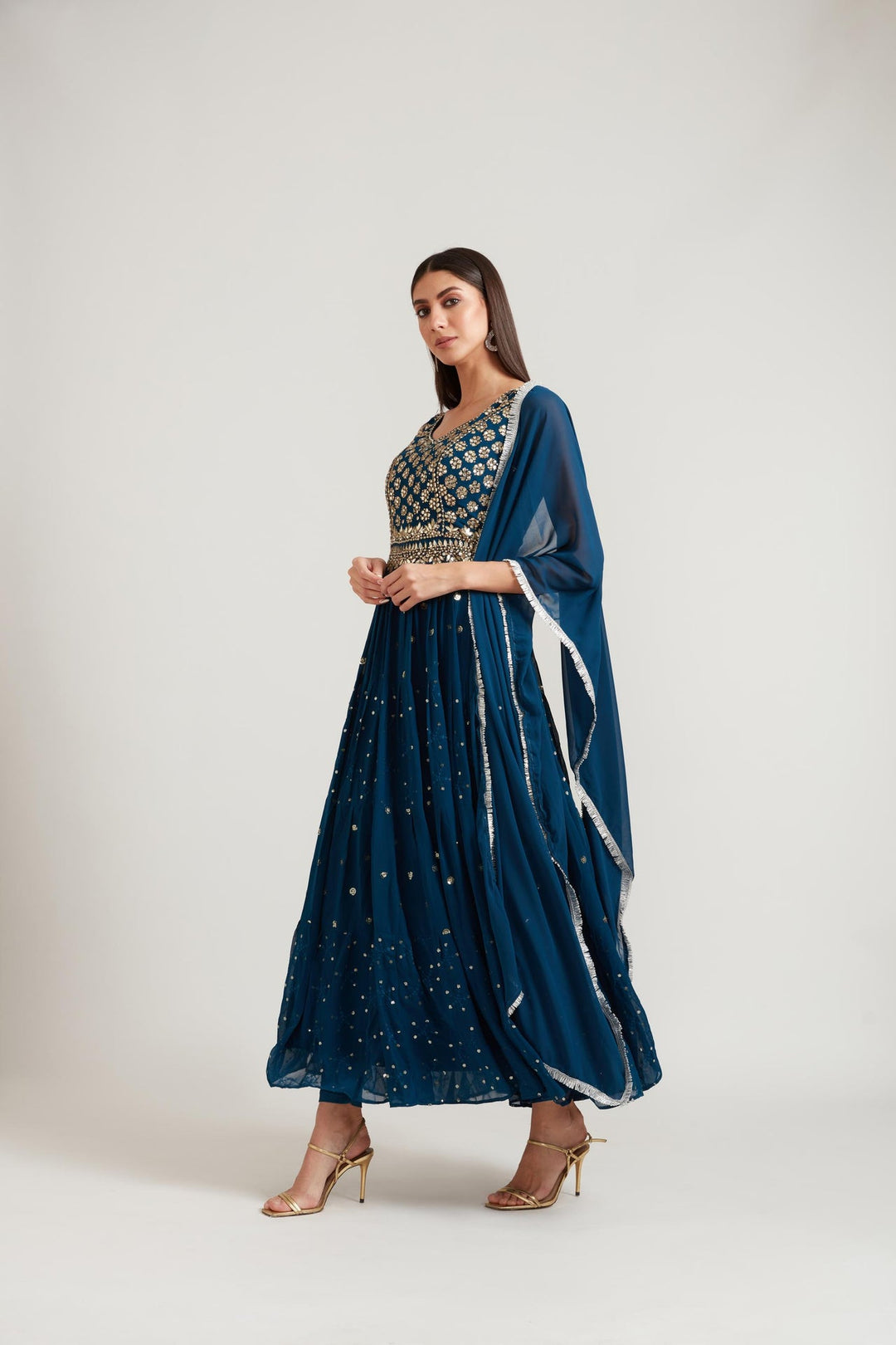 Neerus Blue Georgette Embroidered Anarkali Kurta Set - detail view 1