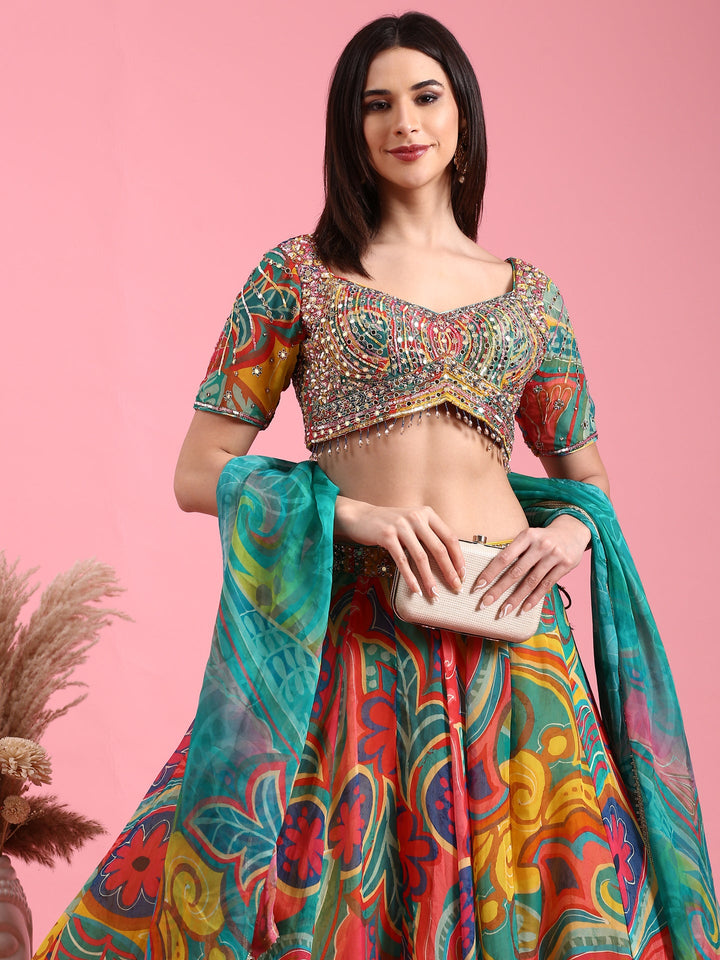Neerus Multi organza printed lehenga choli set - detail view 3