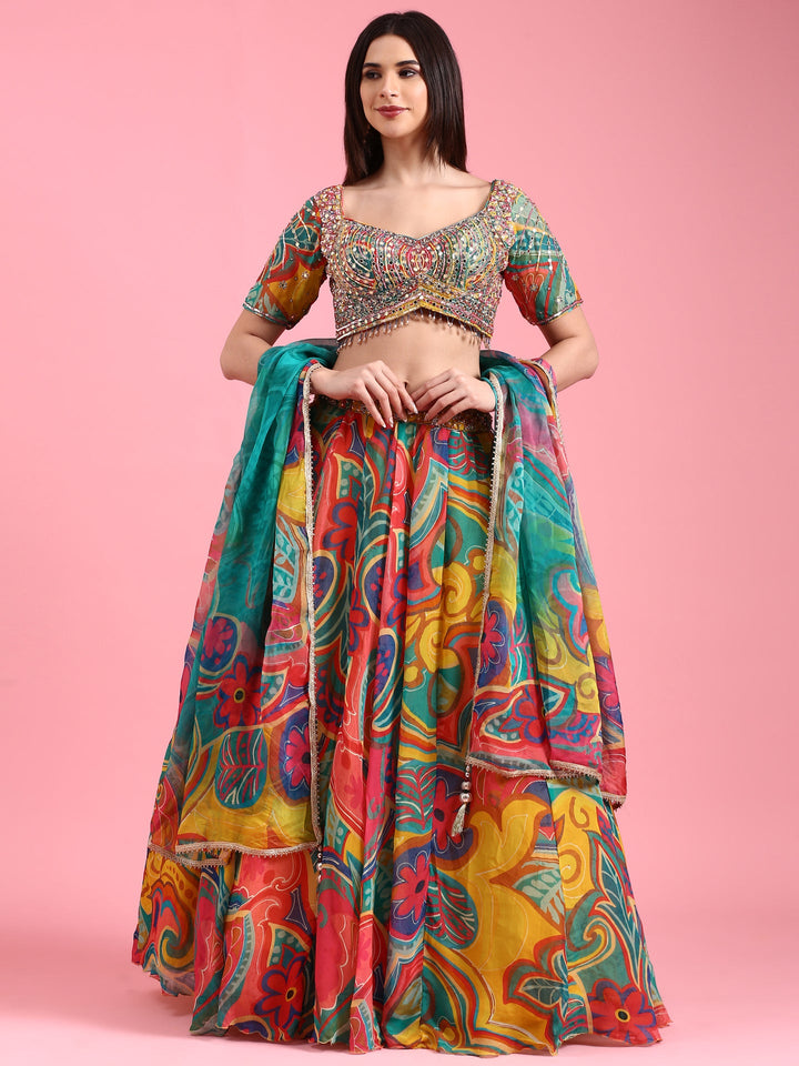 Neerus Multi organza printed lehenga choli set - detail view 2