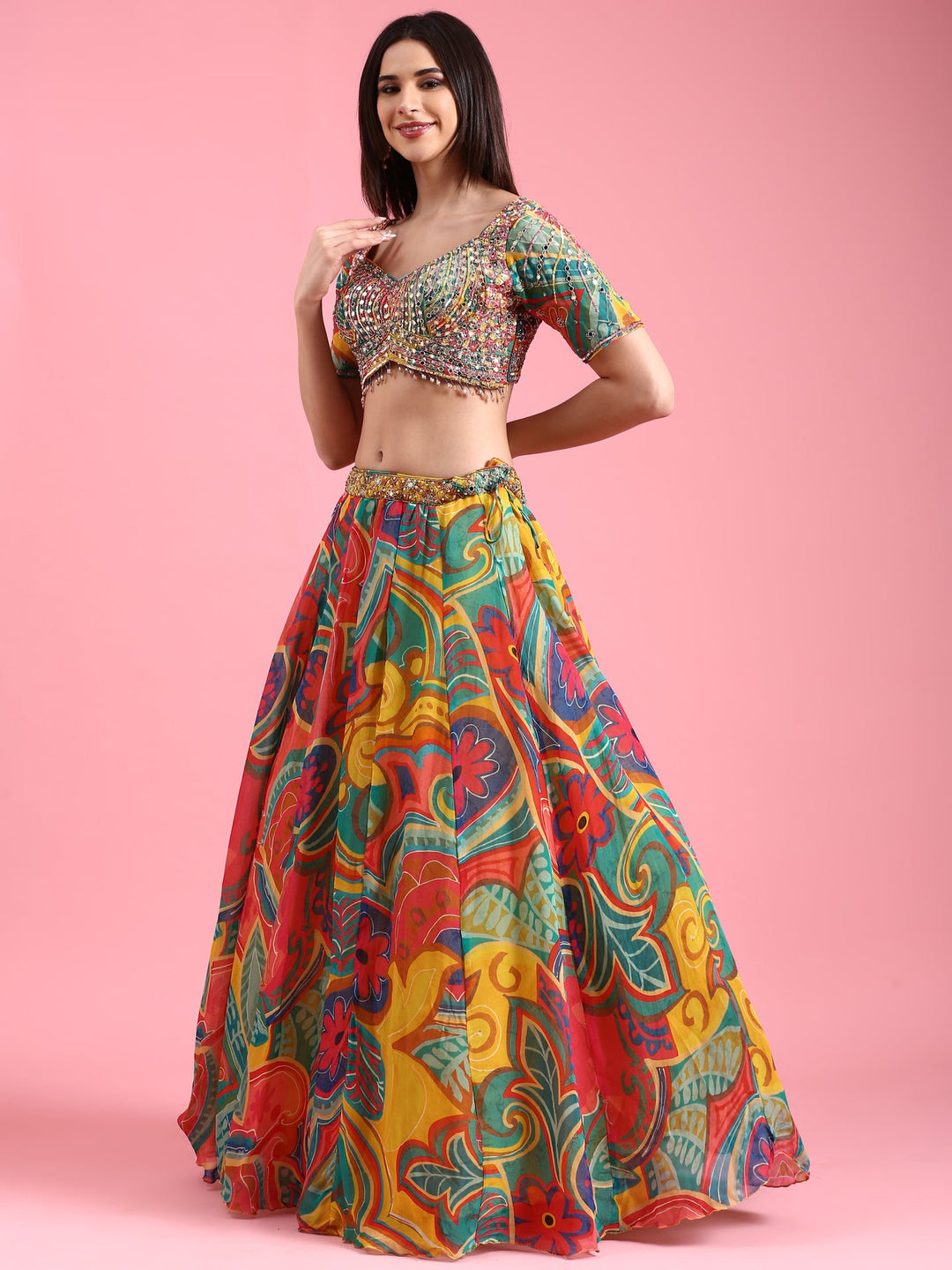 Neerus Multi organza printed lehenga choli set - detail view 4