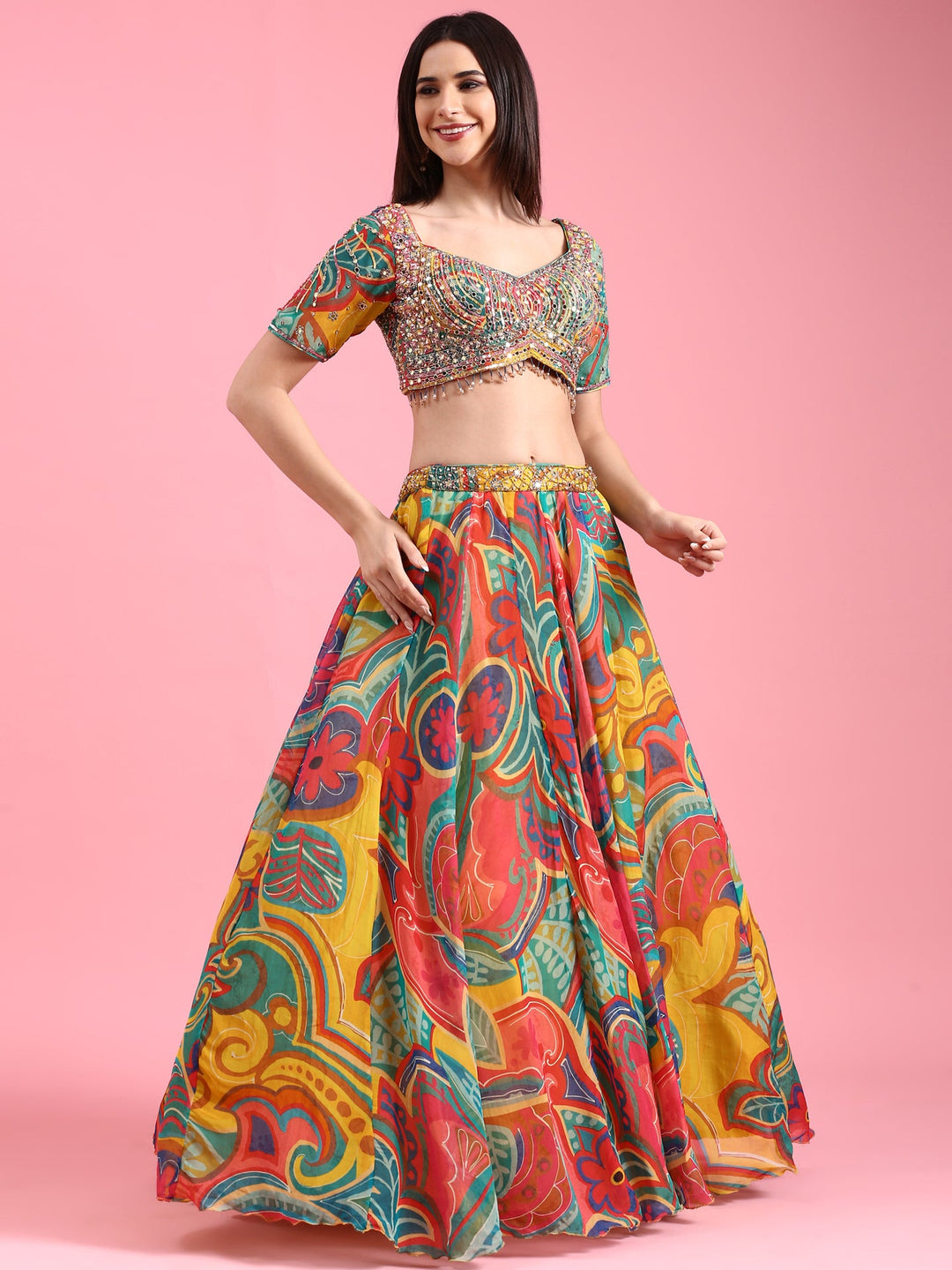 Neerus Multi organza printed lehenga choli set - back view