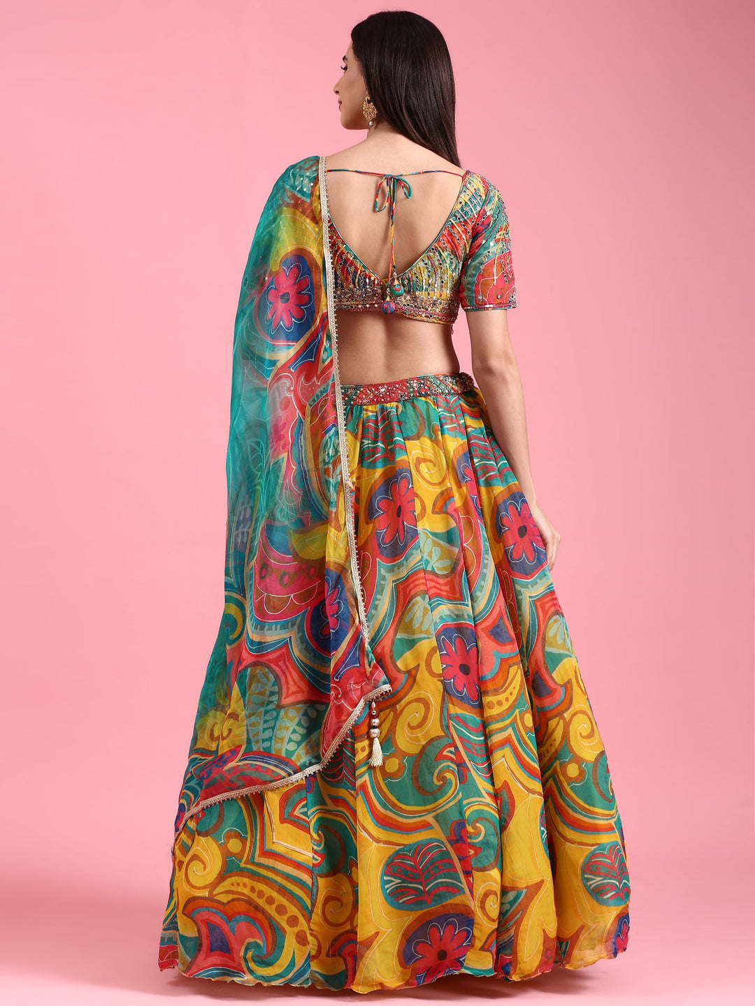 Neerus Multi organza printed lehenga choli set - side view