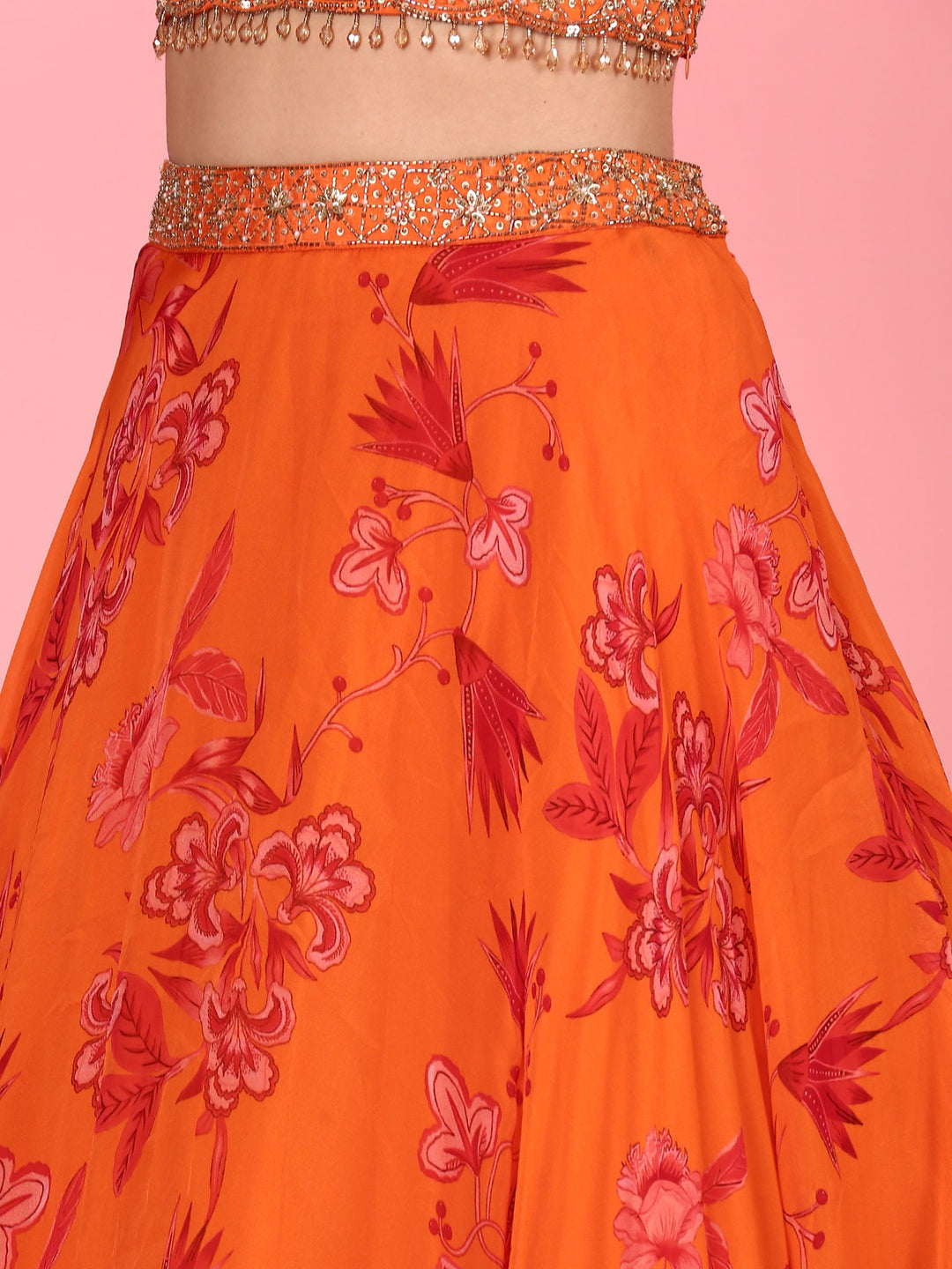 Neerus Orange organza embroidered lehenga set - detail view 5