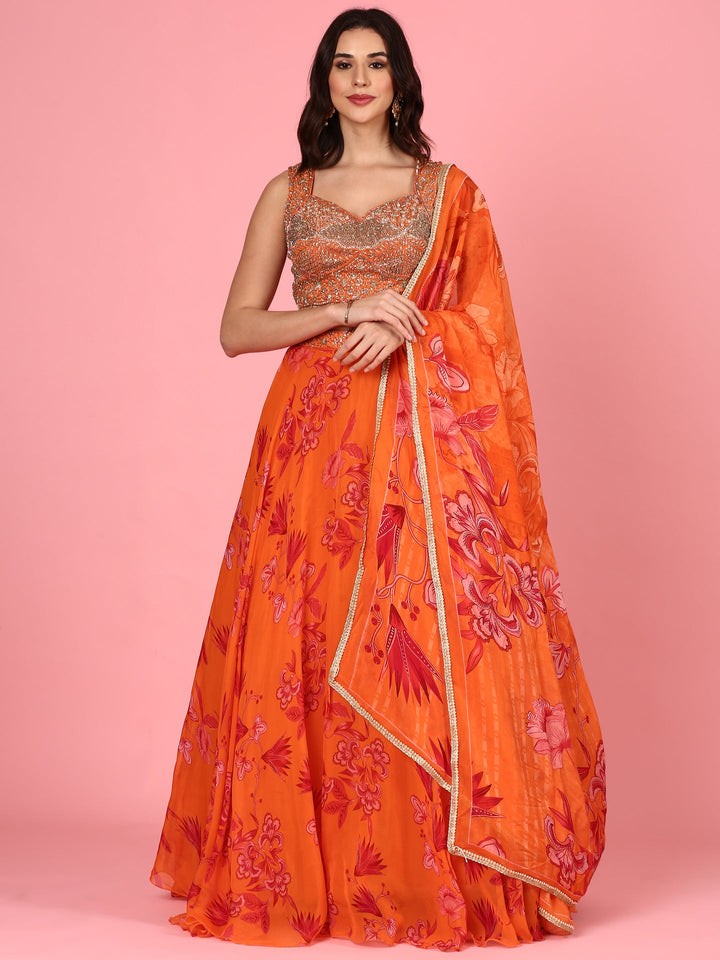 Neerus Orange organza embroidered lehenga set - back view