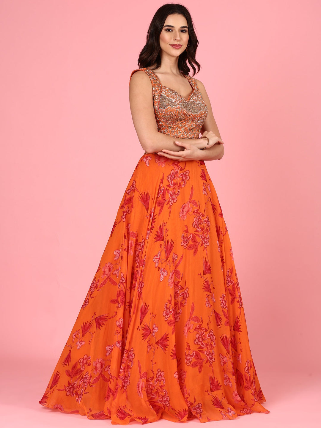 Neerus Orange organza embroidered lehenga set - side view
