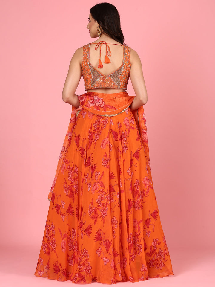Neerus Orange organza embroidered lehenga set - detail view 1