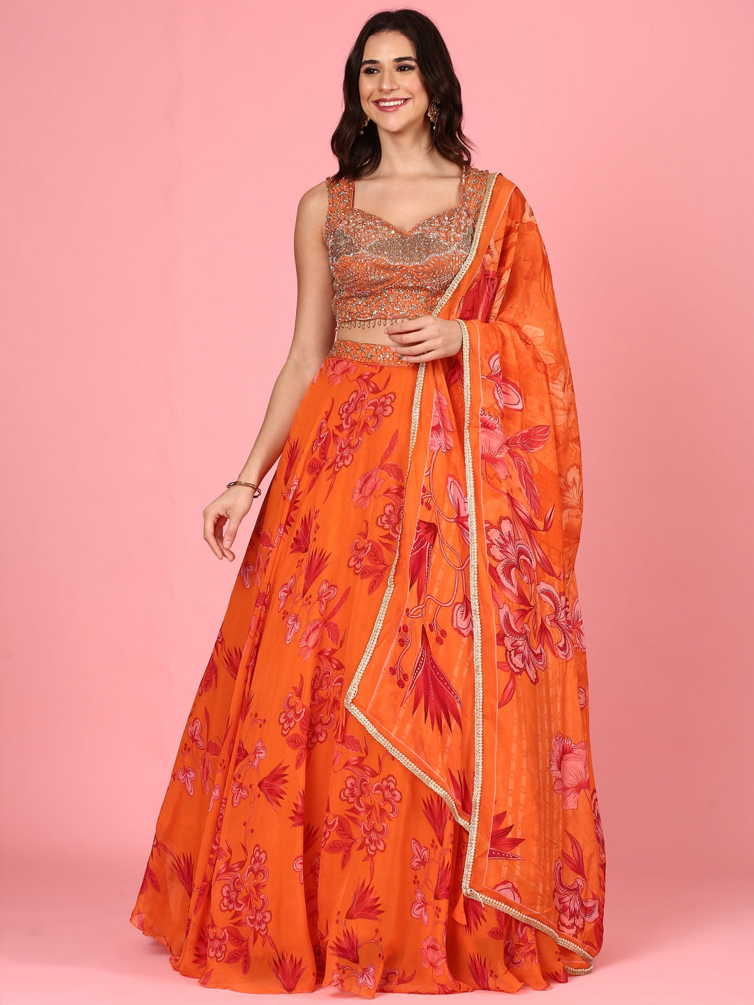 Neerus Orange organza embroidered lehenga set - front view
