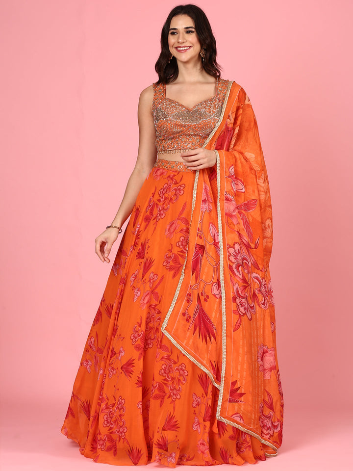 Neerus Orange organza embroidered lehenga set - front view