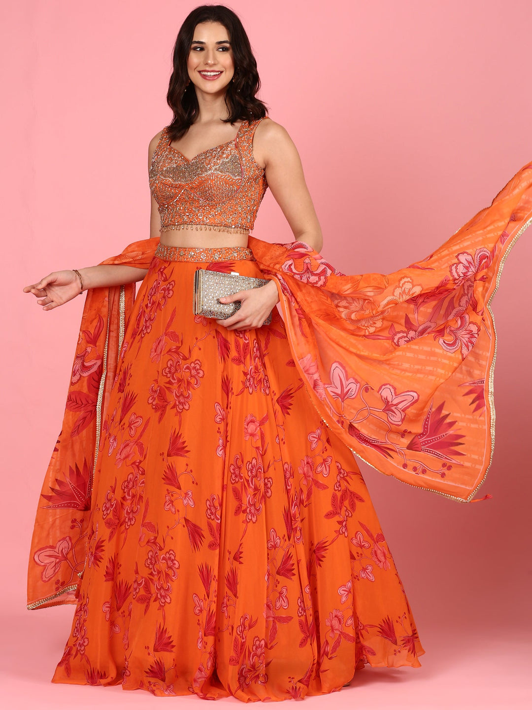 Neerus Orange organza embroidered lehenga set - detail view 3