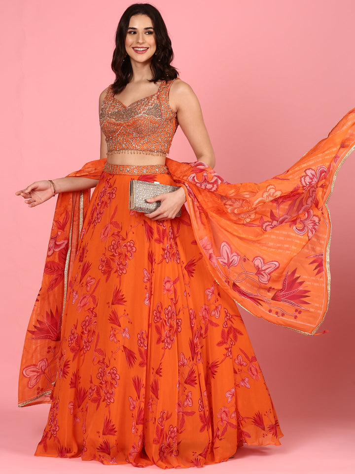 Neerus Orange organza embroidered lehenga set - detail view 3